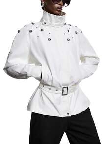 LYSMO 2026 New Arrive Minimalism Spring/Summer Women's Fashionable Casual Waist Belt Trench Coat, New Year Outfit - White - View 1