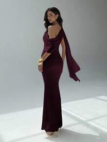 Aloruh Women's Elegant Chic Minimalist Solid Color Asymmetrical Neck Fitted Dress, Suitable For Party And Banquet One Shoulder Formal Dress - Maroon - View 6