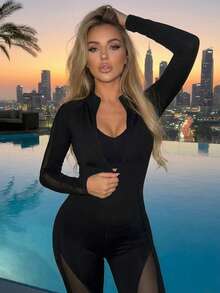 Innovista 女士V领长袖网纱拼接修身连体裤，适合日常锻炼 - 黑色 - 查看 12