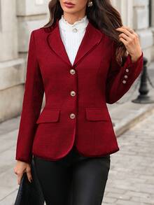 SHEIN Clasi 女士优雅红色粗花呢天鹅绒拼接领修身西装外套，适合派对穿着 - 紅色 - 查看 8