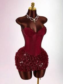 Amplova Women's Sexy Elegant Party Cocktail Dress With Sequin Patchwork And Fluffy Hem, Fitted Strapless Mini Dress - Red Violet - View 4