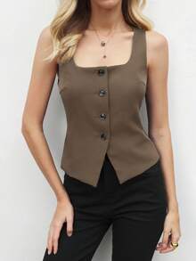 BizChic Áo vest cổ vuông màu xanh ô liu dáng suông, bộ sưu tập Xuân/Hè 2026, hiện đại, thanh lịch, phù hợp cho công sở, đi làm hàng ngày, phong cách retro thập niên 90, Giáng sinh và Năm mới dành cho nữ, thích hợp cho các dịp Lễ Tình nhân, tiệc tùng, đi biển, lễ tốt nghiệp, lễ hội, kỳ nghỉ, phong cách thường ngày, lãng mạn. Phù hợp cho khách dự đám cưới, chủ nhà, hẹn hò, tiệc tùng, hòa nhạc, bữa trưa muộn, sân bay, nhiều dịp khác nhau. - màu nâu - Xem 6