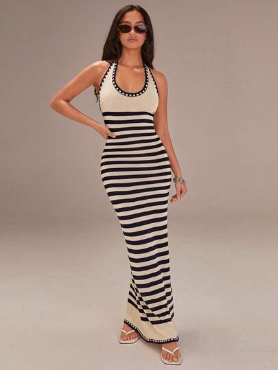 Athîral Women's Sleeveless Backless Striped Maxi Dress, Casual And Fitted Spaghetti Strap Dress, Suitable For The Beach Or Vacation, Navy Blue Striped Dress, Valentine's Day Outfit,Beach Dress,Elegant Dresses For Women, Tight Long Dress, Long Dress Summer, Stripe Dresses For Women, Bodycon Maxi Dress,Spring Break Outfits,Spring Dress Women,Summer Dresses