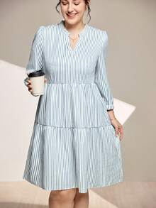Momelise Váy kẻ sọc dài tay thường ngày cỡ lớn dành cho nữ, thích hợp mặc vào mùa xuân, mùa hè, mùa thu, đi làm thường ngày, đi chơi nông thôn, mặc ở nhà - Màu xanh lam - Xem 7