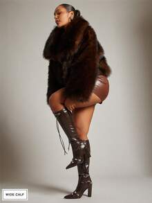 SHUZIA 女士宽筒极简舒适性感尖头细高跟过膝长靴，带搭扣装饰 - 棕色 - 查看 5