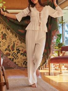 Lullawish White Boho V Neck Long Bell Sleeve Ruffle Hem Woven Fabric Women Pajama Pant Set - White - View 7