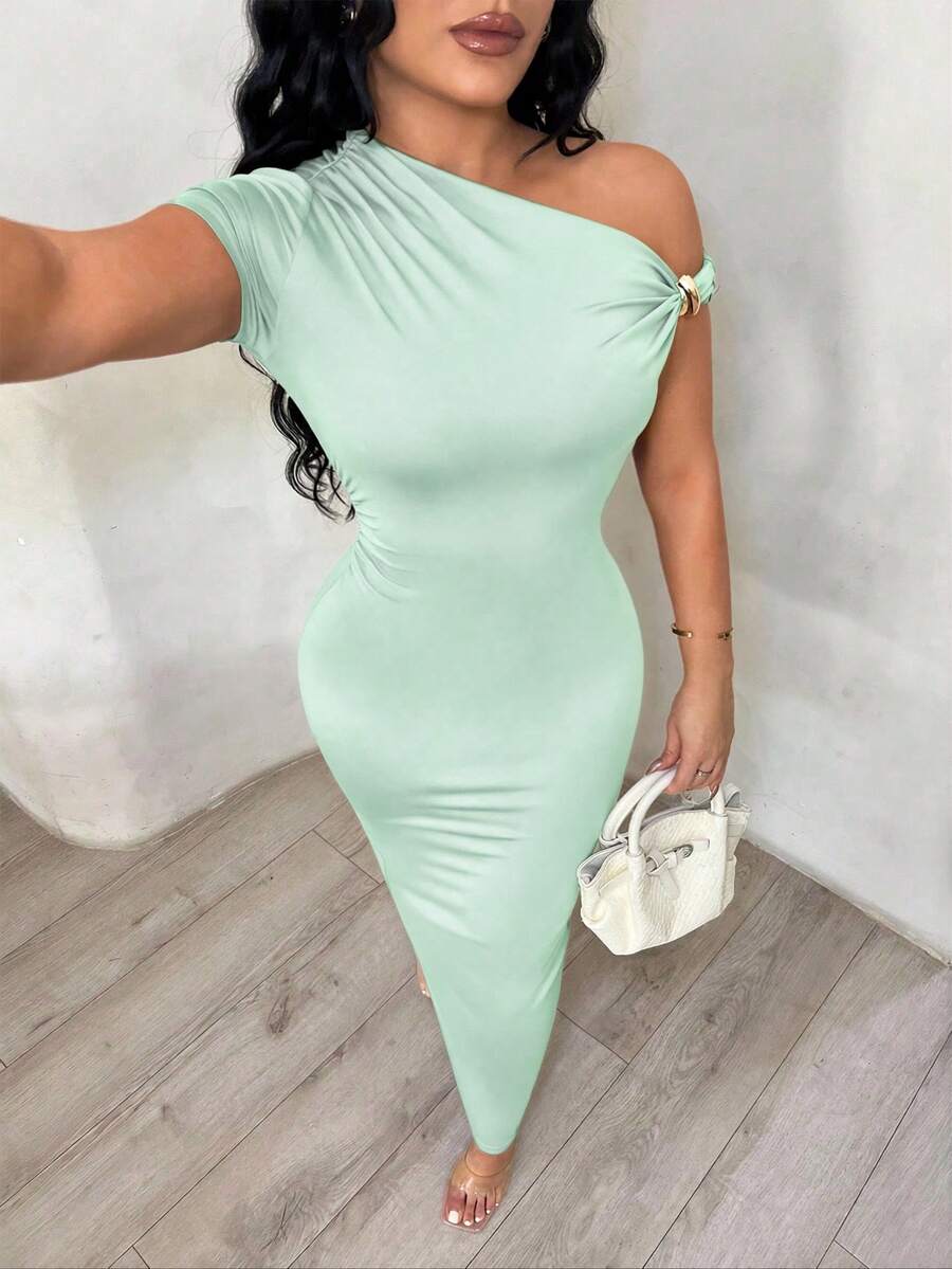 SHEIN SXY Đầm suông cổ lệch đính kim loại màu trơn thanh lịch dành cho nữ - Màu xanh Bạc hà - Xem 1