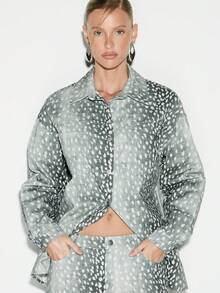 KIZN Oversized Denim Button Down Shirt With Artistic Dot Print Pattern Long Sleeve Collared Blouse Fall Winter Fashion - Multicolor - View 4