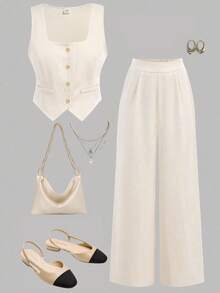 Girlism Tween Girl Casual Daily Commute Elegant Khaki Top & Relaxed Wide Leg Loose Pants 2 Pieces Set, Casual Daily 2 Pieces Set, Girls Outfit Sets, Mommy And Me Clothes, School Clothes, Suitable For Valentine's Day, Date, Party - Apricot - View 1