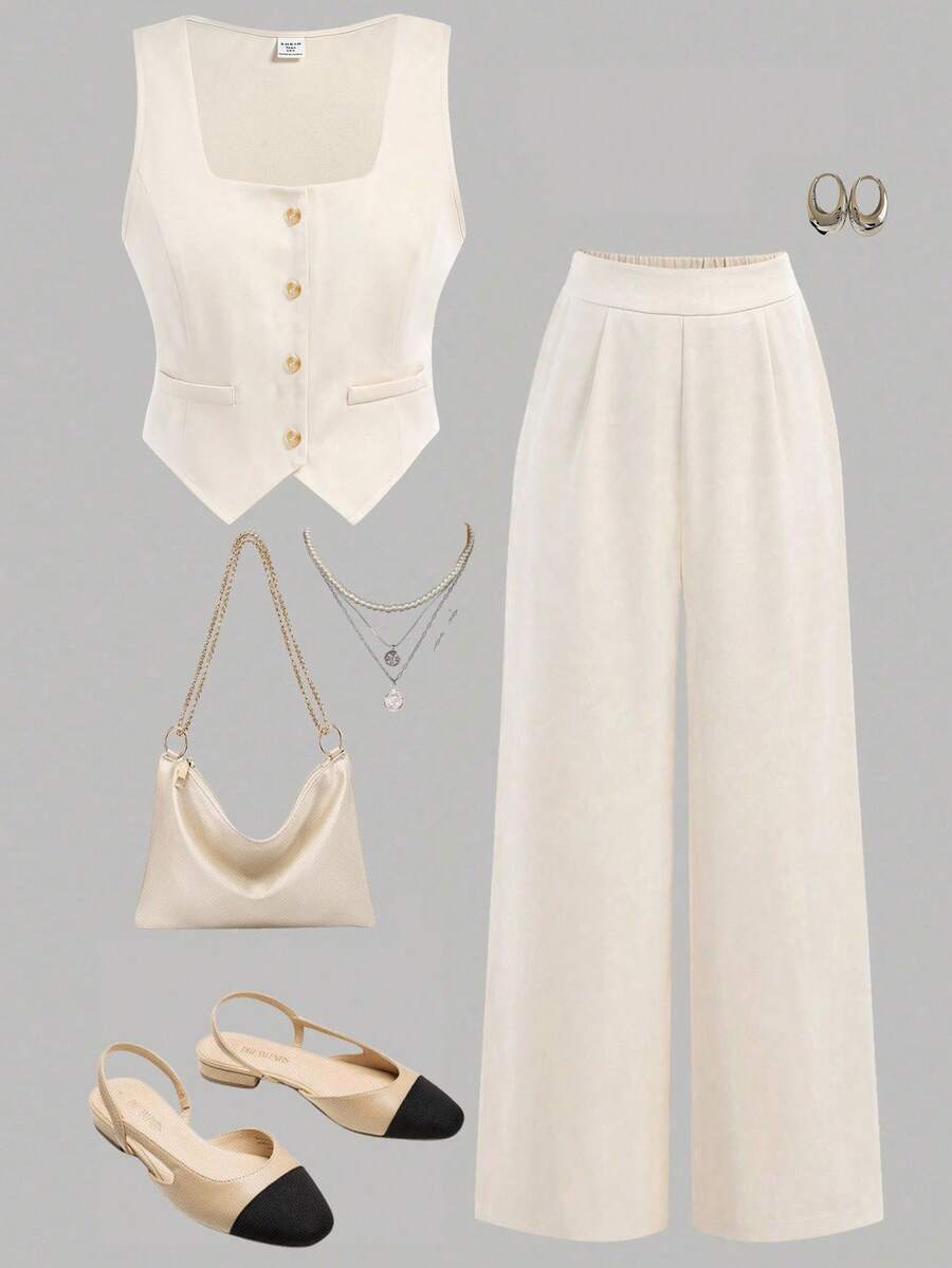 Girlism Tween Girl Casual Daily Commute Elegant Khaki Top & Relaxed Wide Leg Loose Pants 2 Pieces Set, Casual Daily 2 Pieces Set, Girls Outfit Sets, Mommy And Me Clothes, School Clothes, Suitable For Valentine's Day, Date, Party - Apricot - View 1