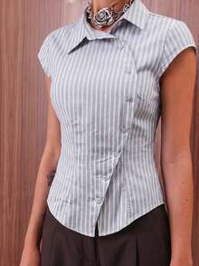 COUREZ Short Sleeve Asymmetric Fitted Stripe Shirt/Y2K Spring Tops Y2K Summer Clothes For Women Outfits Festival Concert - Grey - View 3