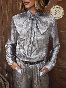 Women's Western Party Silver Bow Collar Long Sleeve Shirt + Wide Leg Pants With Side Pockets 2 Pieces Set, Suitable For New Year's Party, Banquet, LanaWest - Silver - View 8