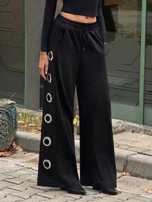 SHEIN TRNDY Autumn/Winter Casual Elastic Waist Side Grommet Design Straight Leg Sweatpants - Black - View 6