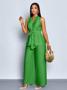 SOLERSUN 女士两件套纯色亚麻质感系带V领无袖上衣和阔腿裤套装 - 綠色 - 查看 4