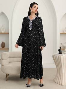 Al Najma Women's Elegant Arabic Style A-Line Dress With Flared Sleeves, Tie Waist And Ruffle Hem, Suitable For Spring And Autumn - Black - View 4