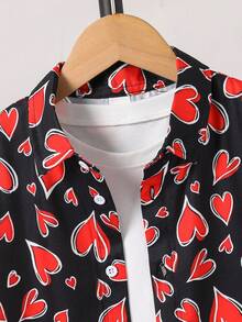 Boys' Gentleman Black Casual Street Heart Print Slim Fit Turndown Collar Button-Up Short Sleeve Shirt - Black - View 4