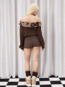 Shutterstock Y2Kool Women's Leopard Spot Print Faux Fur Oblique Shoulder Loose Long Sleeve Hoodie, Sexy Street Style Back To School, Autumn/Winter Y2K Party Coffee Brown Top Chocolate Brown Top Brown Top Women Stylish Collection New Year Off Shoulder Top Dark Brown Top - Brown - View 4