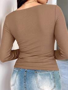 INAWLY Top décontracté à manches longues avec col en V et froncé, avec soutien-gorge intégré pour femmes, couleur unie - Kaki - Voir 2