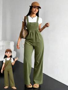 Petos con parche de letra con bolsillo delantero sin camiseta, Mono de de pierna ancha y bolsillos para mujer con ajuste holgado, versátil y casual - Verde - Ver 1