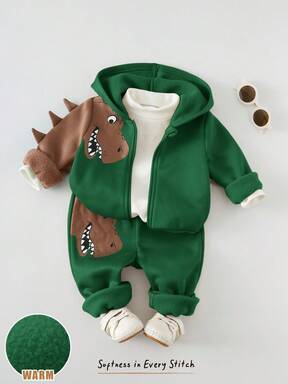 Cozy Pixies Nyfödd pojke 2-delars set: Tecknad dinosaurietryckt huva med dragkedja och byxor med resår i midjan, småbarnspojke 2-delars set: Långärmad huva med öppen framsida och byxor med resår i midjan, bekväm, mångsidig, modern, avslappnad, lämplig för inomhus, utomhus, vardagskläder, sport, lek, fest, festival, halloween, jul, nyår, skolstart, alla hjärtans dag och mer