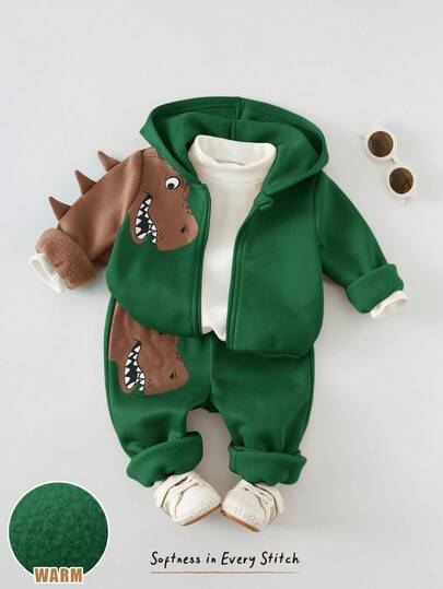 Cozy Pixies Conjunto de 2 piezas para bebé recién nacido niño: Chaqueta con capucha con cremallera y estampado de dinosaurios de dibujos animados, y pantalones con cintura elástica. Conjunto de 2 piezas para niño pequeño: Chaqueta con capucha de manga larga y abierta al frente, y pantalones con cintura elástica. Cómodo, versátil, de moda, casual, adecuado para uso en interiores, exteriores, uso diario, deportes, juegos, fiestas, festivales, Halloween, Navidad, Año Nuevo, regreso a la escuela, Día de San Valentín y talla grande.