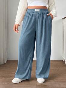 SHEIN EZwear 大码女式高腰宽松喇叭裤，蓝色灯芯绒面料，带口袋和贴布设计，适合校园、日常穿着和室内工作，秋冬季穿着。 - 藍色 - 查看 6