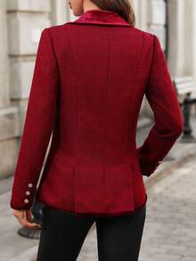 SHEIN Clasi 女士优雅红色粗花呢天鹅绒拼接领修身西装外套，适合派对穿着 - 紅色 - 查看 3