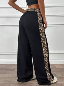 Cloudara Women's Leopard Print Patchwork Tie Waist Loose Wide Leg Casual Pants - Black - View 2