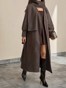 CLARA VERO Women's Long Coat With Draped Collar And With Shawl, Elegant And Warm Outerwear - Chocolate Brown - View 5