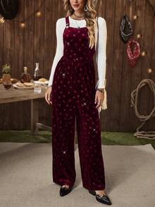 LanaWest Women's Western Casual Autumn/Winter Velvet Heart Embossed Glitter Fabric Party, Christmas, New Year Jumpsuit - Burgundy - View 1