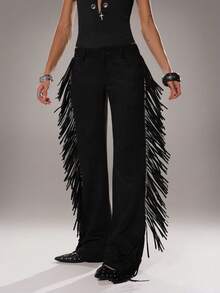 SHEIN TRNDY Women's Casual Flared Leg Faux Suede Fringe Side Pants, Autumn/Winter - Black - View 7
