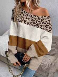 EMERY ROSE Plus Size Women Leopard & Striped Patchwork Off-Shoulder Fashionable Versatile Long Sleeve Sweater, Suitable For  Spring, - Multicolor - View 5