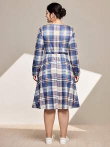 Momelise Plus Size Plaid Print Round Neck Long Sleeve Dress Curve Plus Dress Women Plus Clothing Dress Plus Size Casual Dress Plaid Dress Maweii Plus Size Dress Romwe Plus Size