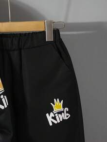 Vacaura 2pcs Boys Crown Graphic Crew Neck Black Sweatshirt And Sweatpants Set, Suitable For Outdoor Spring/Autumn - Black - View 3