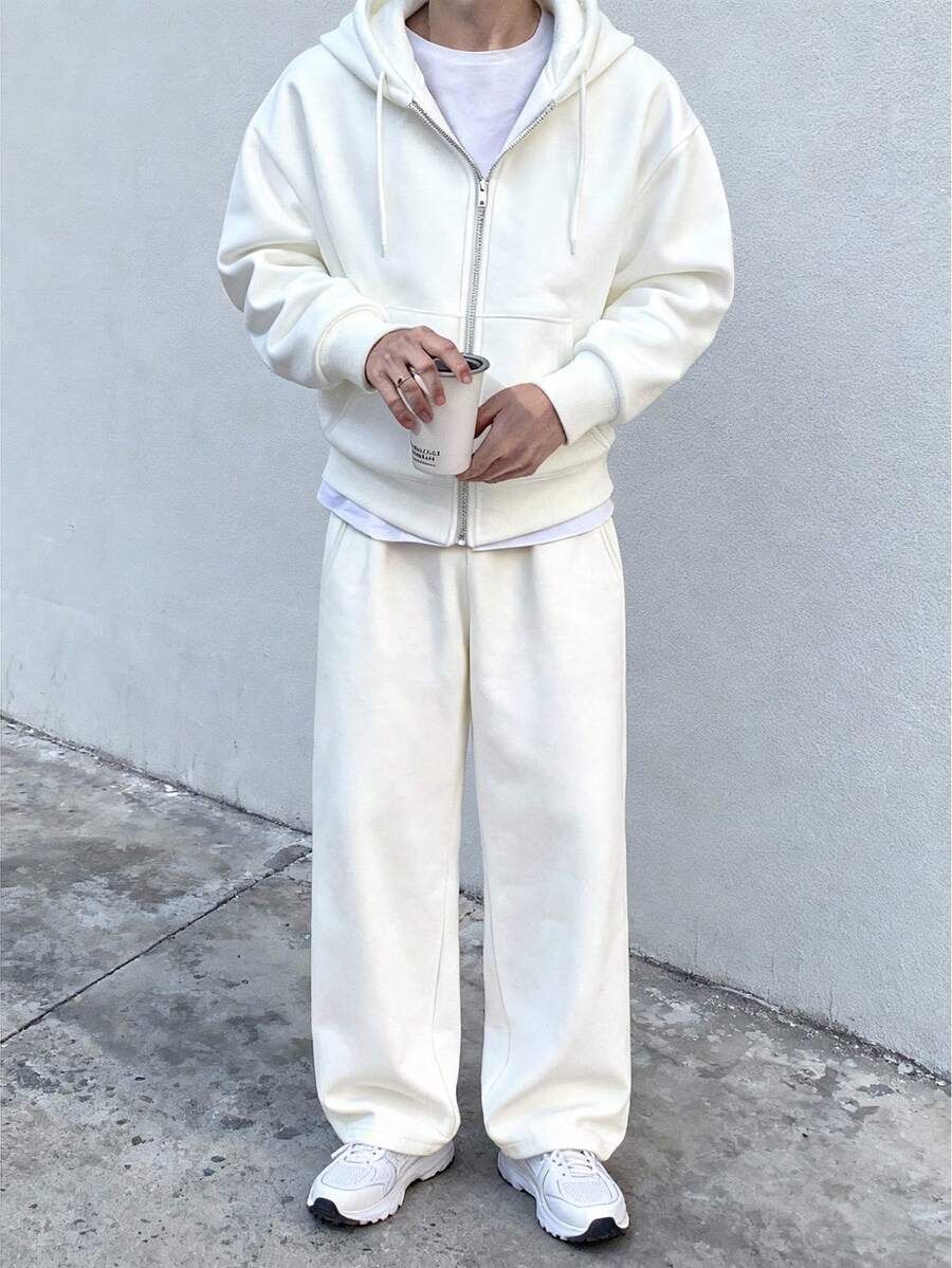 Manfinity Hypemode Men's Casual Sports Set, Solid Color Zip-Up Hoodie And Sweatpants,Streetwear,Baggy,Graphic,Matching,Friends,I Love My Boyfriend,Street Style,Couples