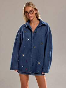 Avantive Women's Fashion Rhinestone Embellished Drop-Shoulder Denim Jacket,Navy Blue Chic Night Out Autumn Casual Y2k Vintage Streetwear Western Wear Blouse - Blue - View 5
