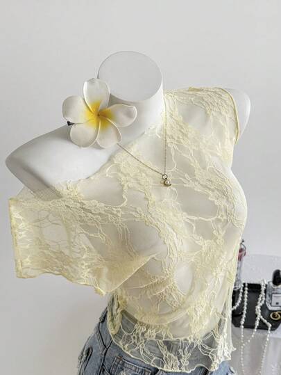 Elamini White Lace Floral Sheer Fitted Round Neck Asymmetrical Hem Side Slit Short Sleeve Top, Fashionable, Elegant, Sweet, Romantic, Sexy, Casual, Versatile For Women In Summer