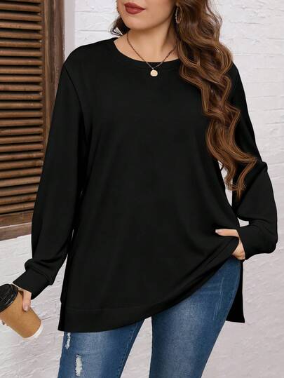 EMERY ROSE Plus Size Black Solid Color Round Neck Casual Versatile Long Sleeve Sweatshirt Thanksgiving Women's Clothing New Year Women's Clothing Winter Women's Clothing Carnival Autumn
