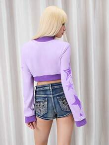 SHEIN Y2Kool BiGraphic Áo khoác nữ màu tím có khóa kéo, kiểu dáng Y2K, họa tiết ngôi sao, dáng ngắn ôm sát, cổ đứng, gợi cảm, phong cách đường phố thường ngày, áo hoodie Y2K nữ, áo crop top có khóa kéo, áo sinh nhật nữ, áo lễ hội, áo lễ hội - Màu tím - Xem 3