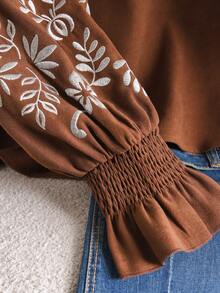 CosyJoli Áo cánh tay dài cổ tròn thêu hoa cỡ lớn cho nữ - màu nâu - Xem 4
