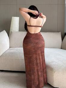 Dazy Plus Sexy Contrast Lace Bodycon Lingerie Nightgown - Khaki - View 2