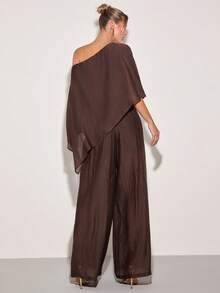 COSMINA 女士纯色不对称肩蝙蝠袖衬衫和阔腿裤时尚两件套，斜肩上衣，披肩领上衣，纹理褶皱面料，棕色优雅女士两件套，休闲装，优雅度假装，春夏女装 - 棕色 - 查看 5