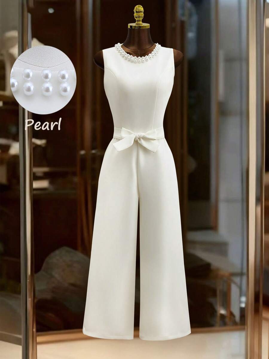 Franclia Minimalist French Style White Round Neck Pearl Embellished Sleeveless Waist Cinched Wide Leg Jumpsuit For Women - White - View 1