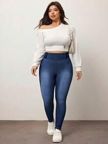 Enliva Plus Size Plain Color Block Casual Stretchy Knit Jeans Apple Bottom Jeans, For Apple Rounded Body Shape - Blue - View 5
