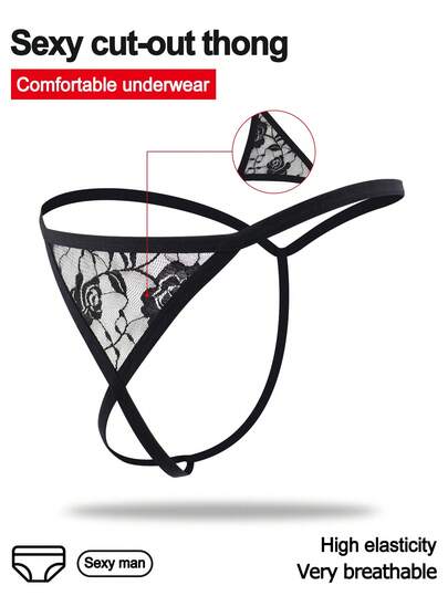 DrisQ 1pc Men's Sexy Lingerie With Rose Lace, Crotchless Hollow Mid-Waist Thong