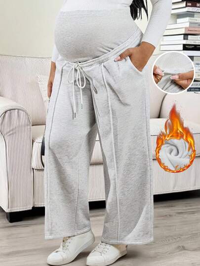 SHEIN 加大码孕妇冬季灰色保暖内衬长裤，可调节腰围，休闲阔腿裤，带口袋，保暖内衬。