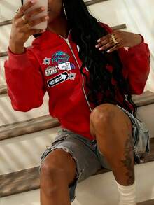 Rovax Women's Casual Loose Fit Long Sleeve Zip-Up Sweatshirt Jacket - Red - View 1