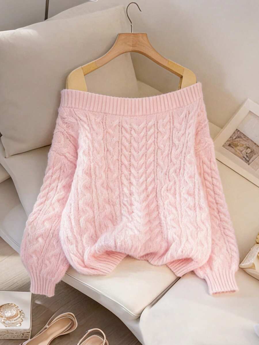 Franclia 女士休闲露肩长袖针织套头毛衣，秋冬季 - 粉色 - 查看 1