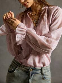 SoleilVie 女士复古佩斯利蕾丝边薄纱衬衫，秋冬衬衫，粉色衬衫 - 淺粉色 - 查看 2