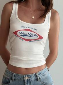 DAZY Teen GirlLetter Print Thick Strap Square Neck Sleeveless Tank Top - White - View 4